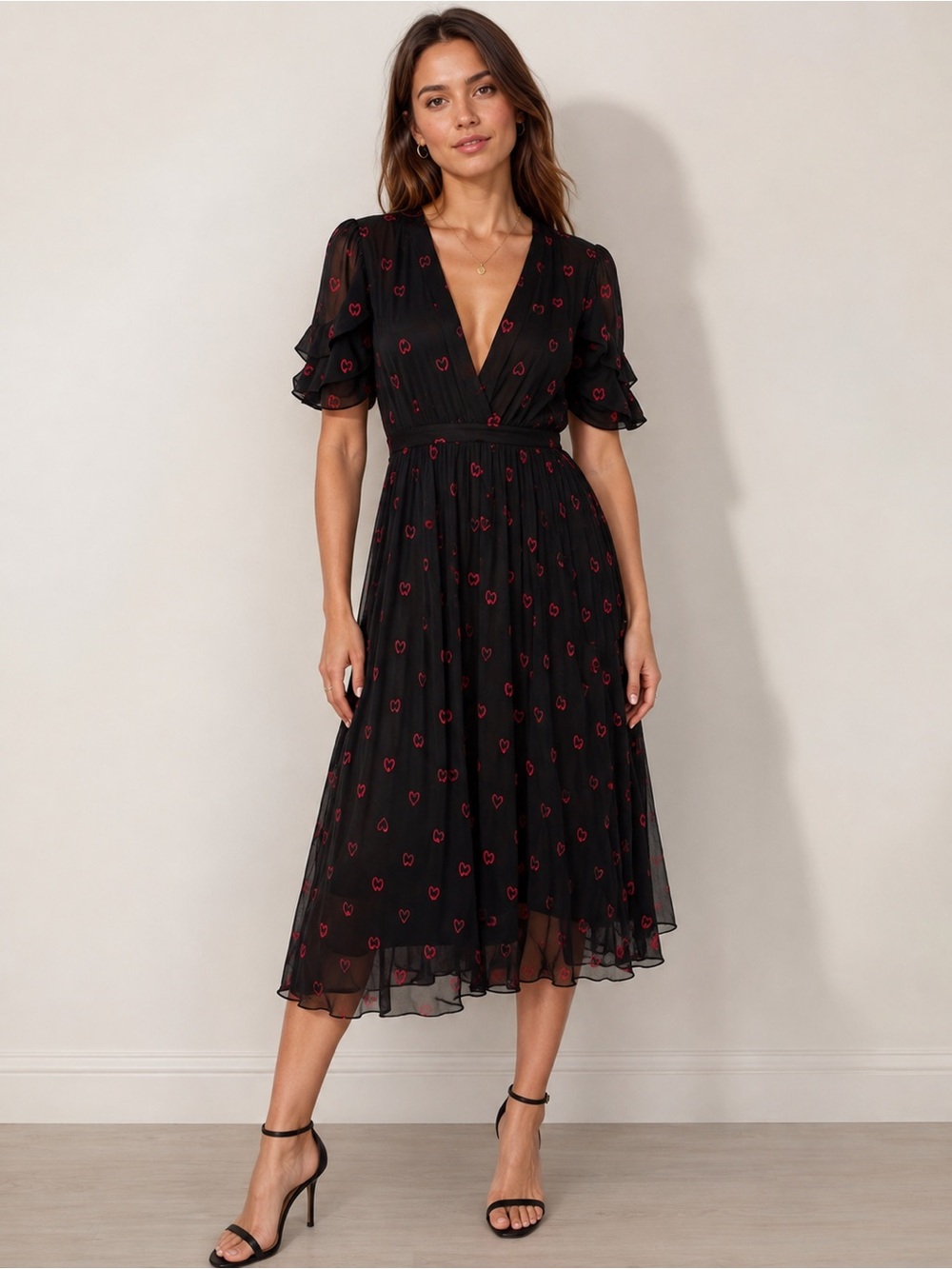 Maje Rengia black/red Heart Embroidered Pleated Chiffon Dress Size 4